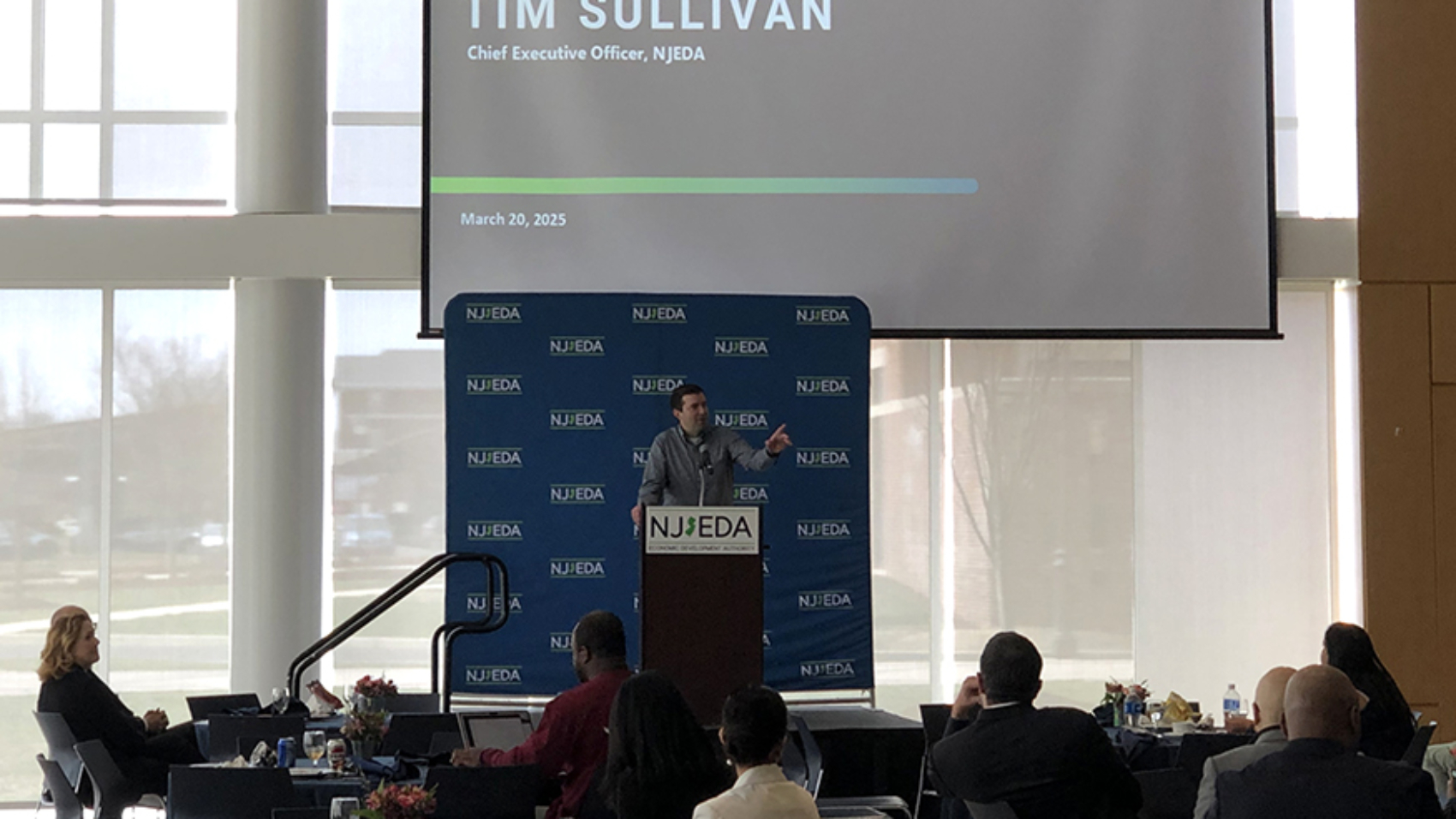 New Jersey Economic Development Authority CEO addresses the participants of the New Jersey Founders & Funders All-Stars event March 20, 2025, at The College of New Jersey.