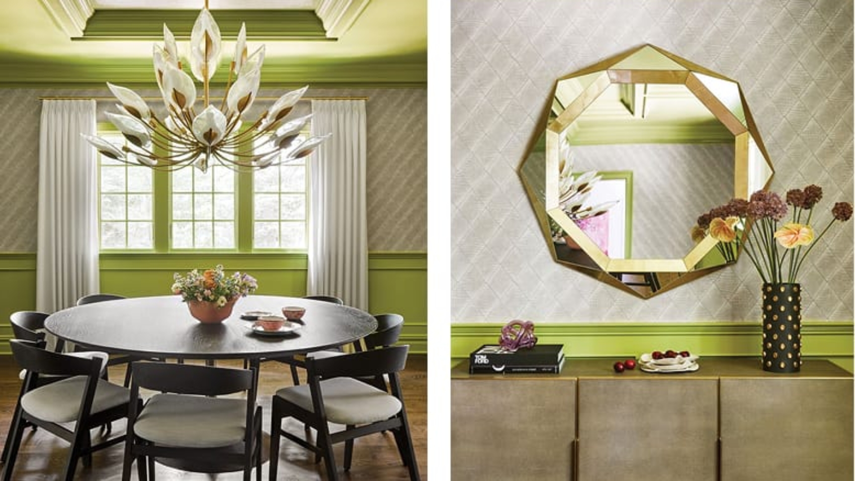 Two images of a dining room an Essex County home feature bold chartreuse millwork, a light-gray wall covering and a dazzling chandelier