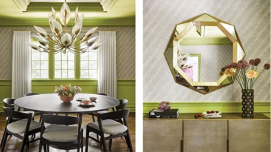 Two images of a dining room an Essex County home feature bold chartreuse millwork, a light-gray wall covering and a dazzling chandelier