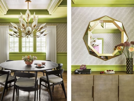 Two images of a dining room an Essex County home feature bold chartreuse millwork, a light-gray wall covering and a dazzling chandelier