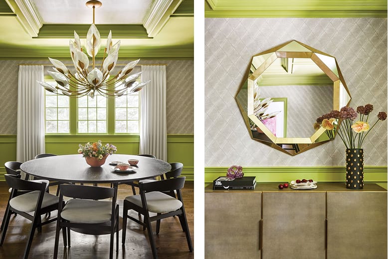 Two images of a dining room an Essex County home feature bold chartreuse millwork, a light-gray wall covering and a dazzling chandelier