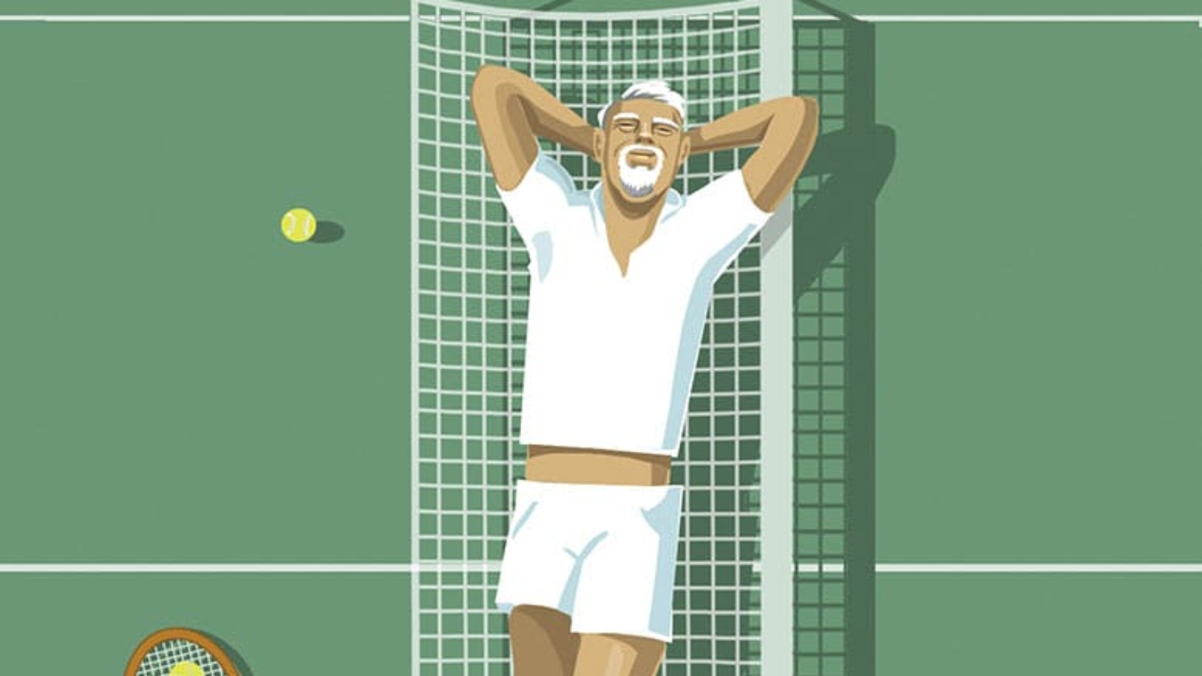 Illustration of man lying down atop tennis-court net