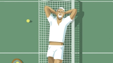 Illustration of man lying down atop tennis-court net
