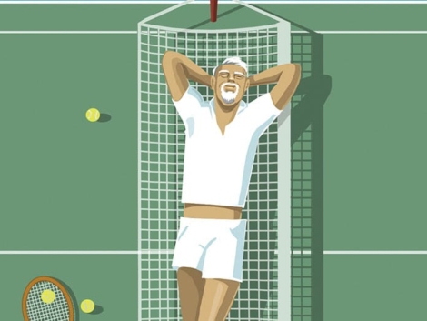 Illustration of man lying down atop tennis-court net