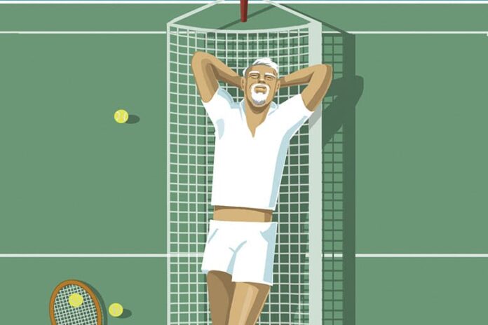 Illustration of man lying down atop tennis-court net