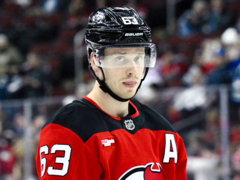 Mar 24, 2025; Newark, New Jersey, USA; New Jersey Devils left wing Jesper Bratt (63) warms up before a game against the Vancouver Canucks at Prudential Center. Mandatory Credit: John Jones-Imagn Images