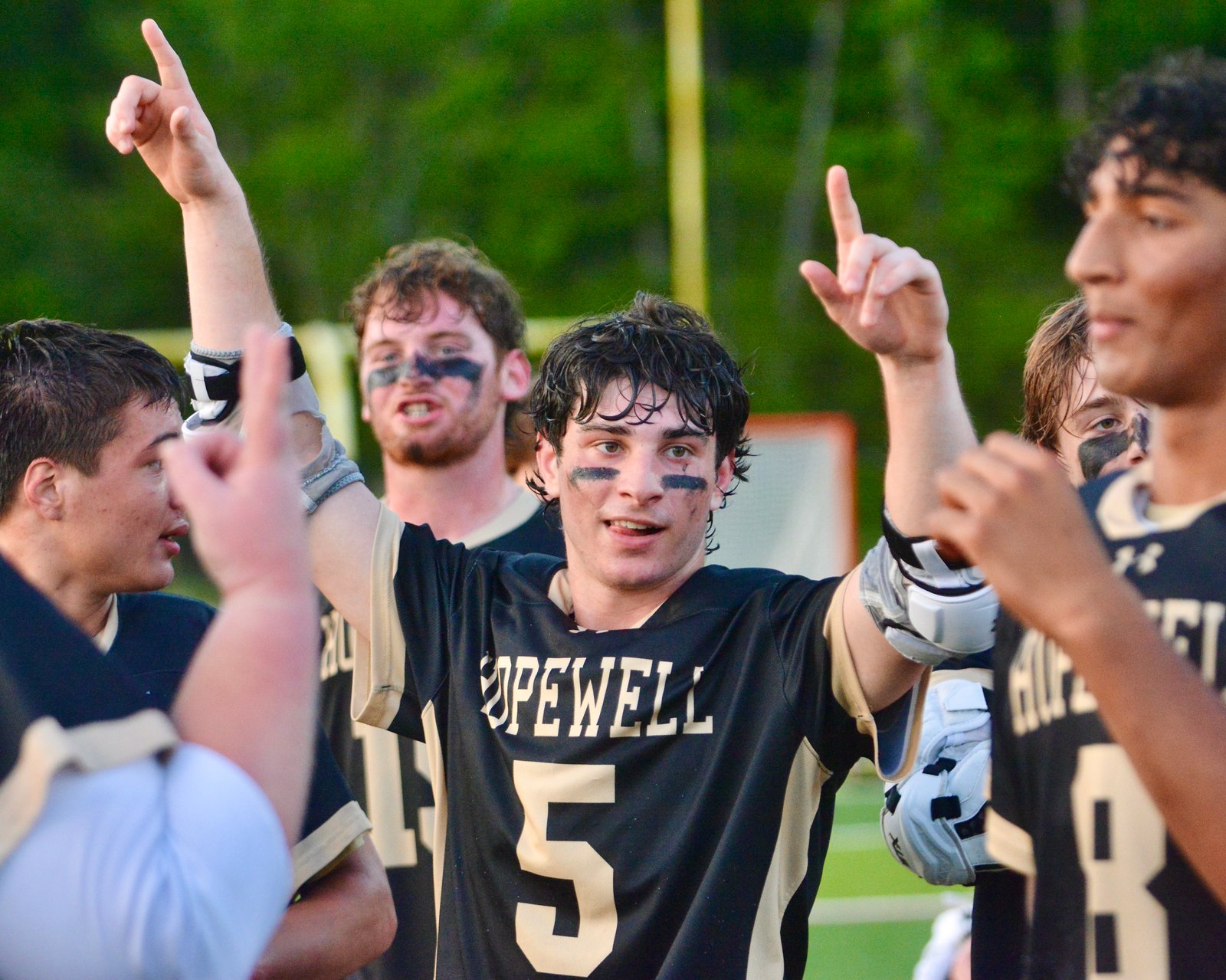 Hopewell Valley’s Ben DeCore, 5, celebrates after defeating Notre Dame...