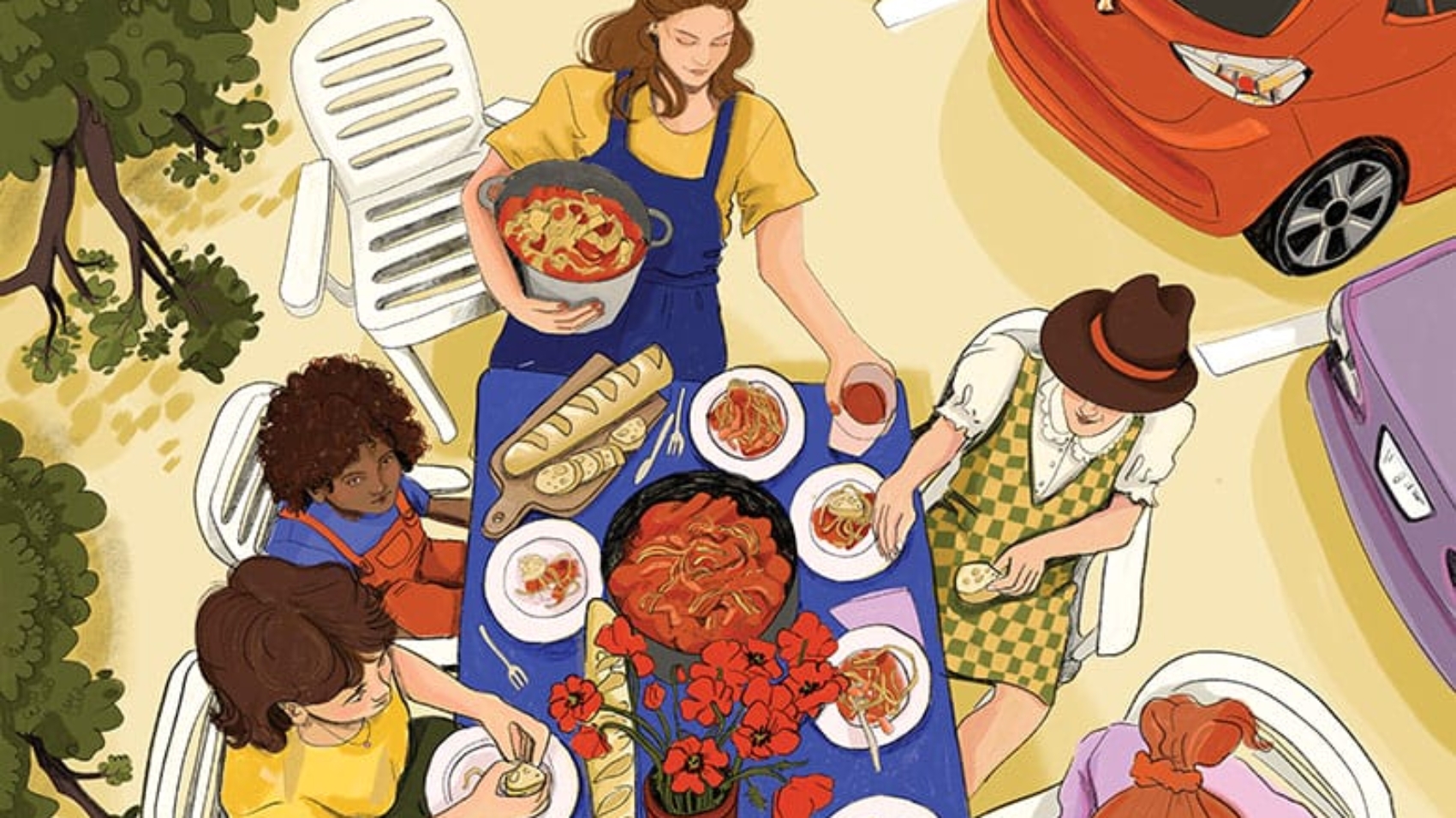 Illustration of family enjoying a crab feast