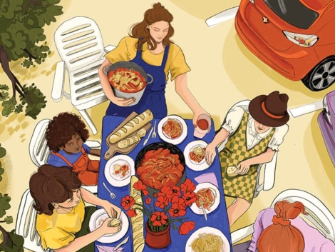 Illustration of family enjoying a crab feast