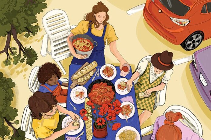 Illustration of family enjoying a crab feast