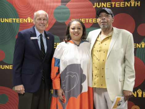 From left, Morris County Commissioner John Krickus, Simone Craig, CEO of Art in the Atrium, Inc., and Curator Onnie Strother. More than 75 Black and Afro-Latino artists are being showcased in the 33rd annual Art in the Atrium (ATA) exhibit, “Another Slice of Sweet Potato Pie,” which officially opened tonight with a public reception at the Morris County Administration and Records Building.
The exhibit is a signature event of the Juneteenth Arts Celebration, a three-day series organized in partnership with ATA, the Mayo Performing Arts Center (MPAC), Morris Arts and Morris Museum.