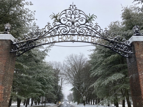 The gate outside the New Jersey Training School carries a bygone name for the facility, Tuesday, Jan. 16, 2024, in Monroe Township, N.J. The New Jersey youth detention center let a “culture of abuse,” in which staff sexually abused boys, endure for decades, according to a lawsuit filed Wednesday, Jan. 17 in state Superior Court by 50 men who lived at the facility. (AP Photo/Mike Catalini, File)