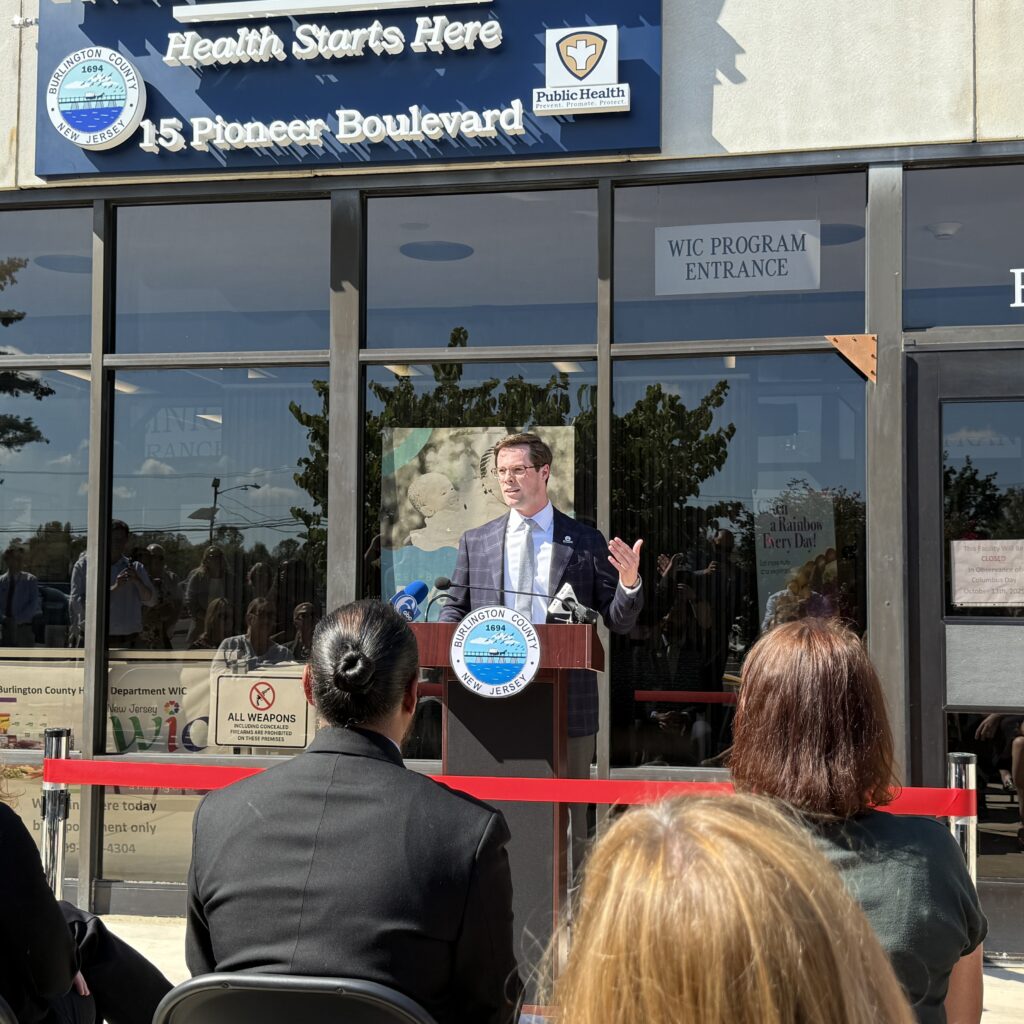 Burlington County Commissioner Tyler Burrell speaks during the ceremony marking...