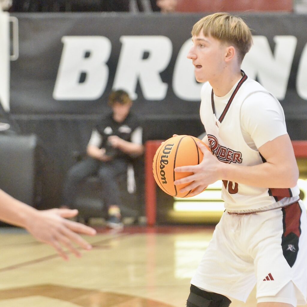Rider’s Kristupas Kepezinskas looks to move the ball against Bucknell...